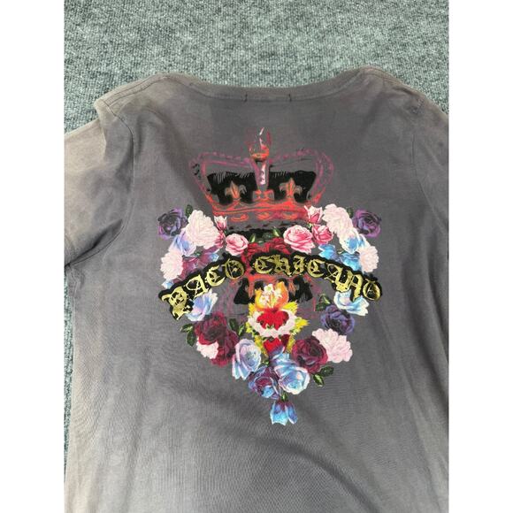 Christian Audigier Paco Chicano Women’s T-Shirt Sz L V-Neck Crown Roses Dove - Picture 4 of 16